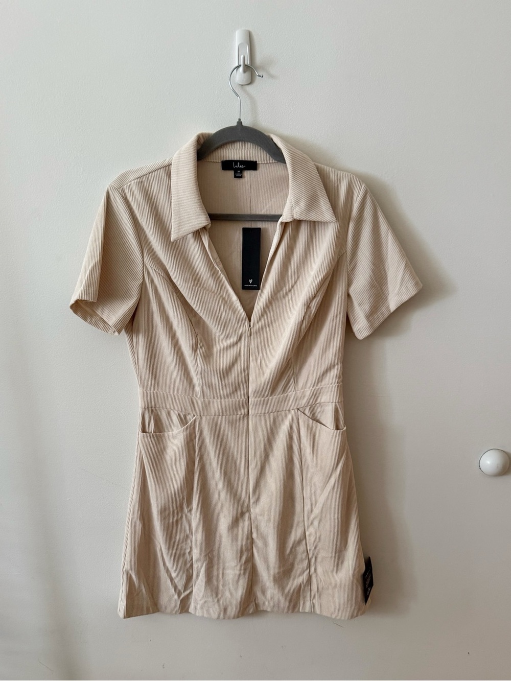 Lulu's Neutral Beige Collared Short-Sleeve Mini Dress